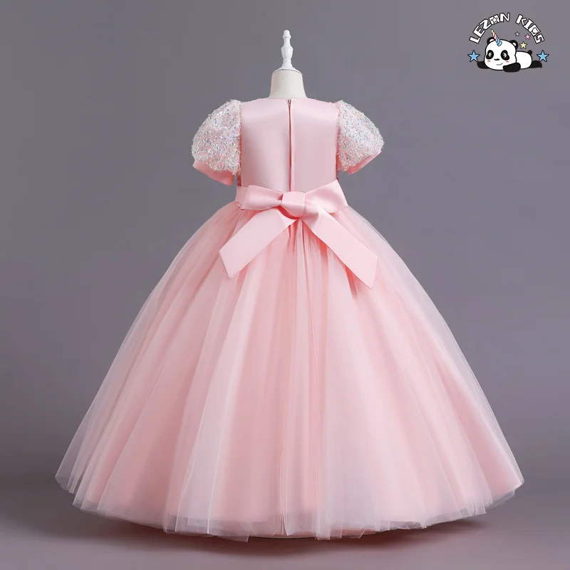 LEZONKIDS - Girls' bubble sleeve dress long mesh poncho short sleeved sequins sweet princess dress
